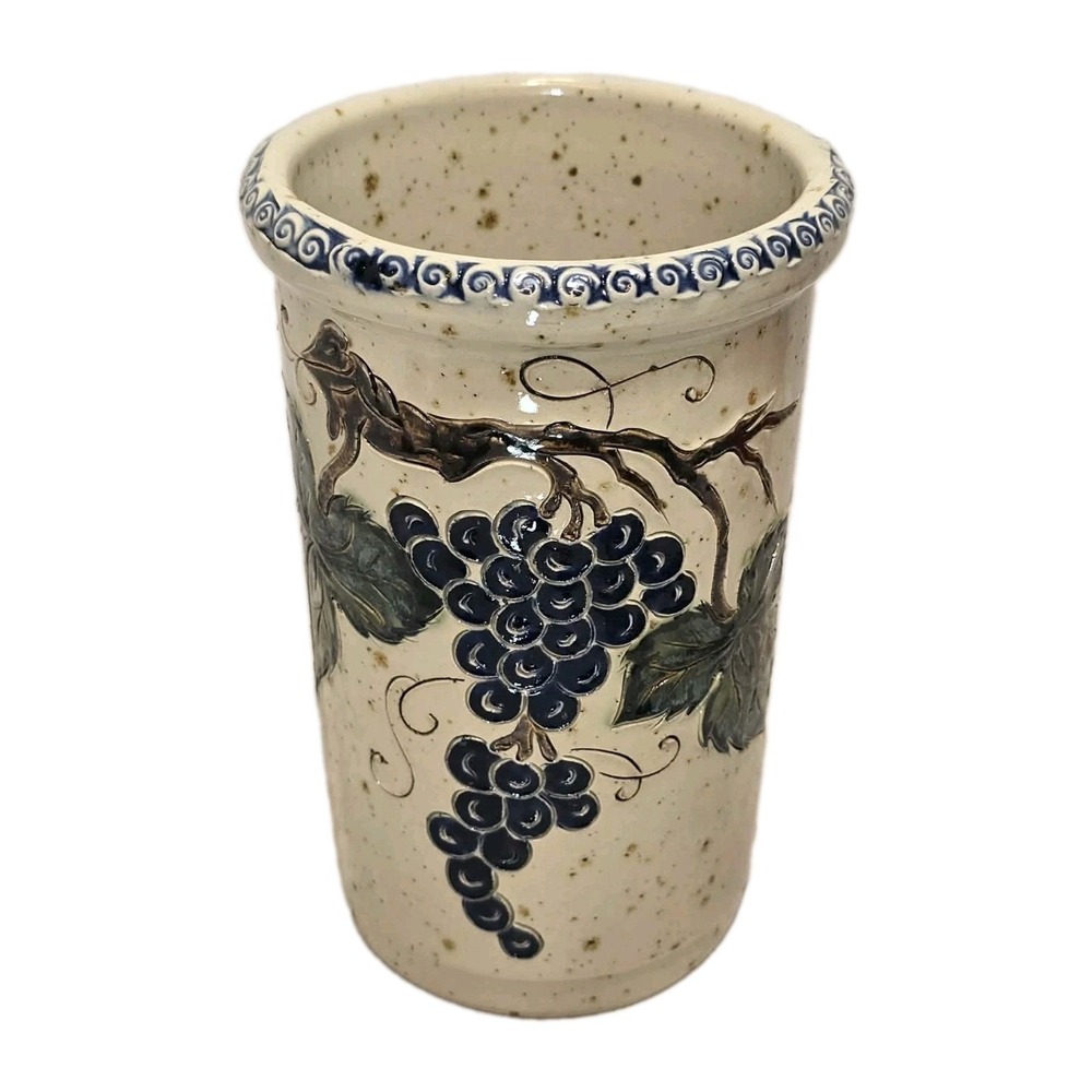 Graessel Stoneware Crock Vase Blue Grapes Pottery Utensil Holder Signed TA